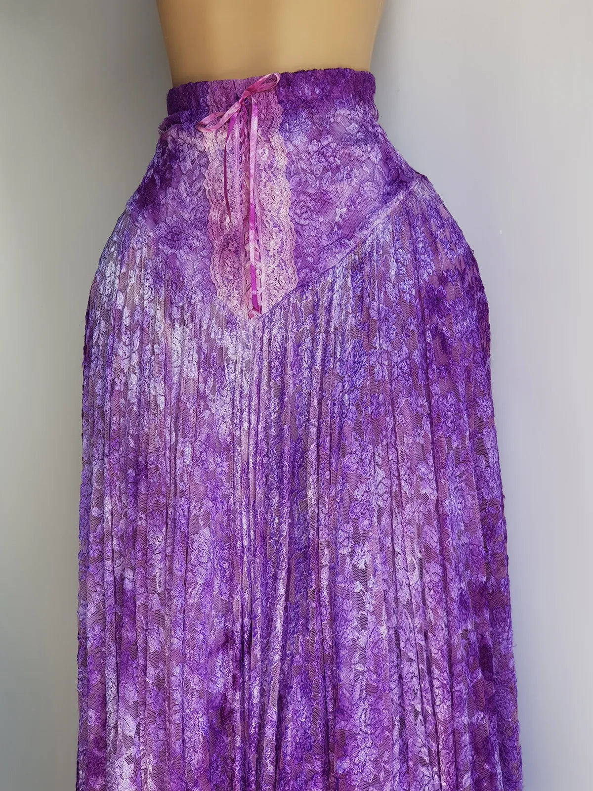 Ultra Rare 1980s Corset Style Whimsigoth Fairy Dress / Skirt in Purple Burnout Lace - Handmade & Hand Dyed - Gradient Purples Light to Dark - Mermaid Hemline