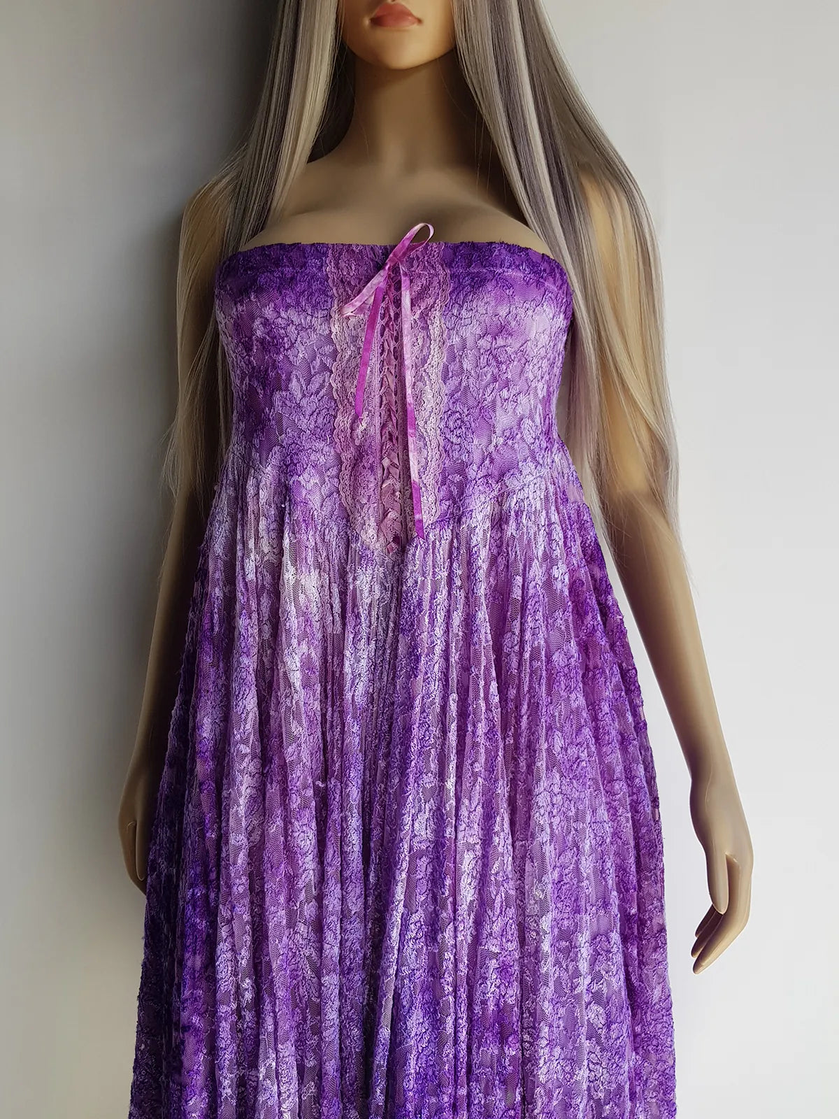 Ultra Rare 1980s Corset Style Whimsigoth Fairy Dress / Skirt in Purple Burnout Lace - Handmade & Hand Dyed - Gradient Purples Light to Dark - Mermaid Hemline