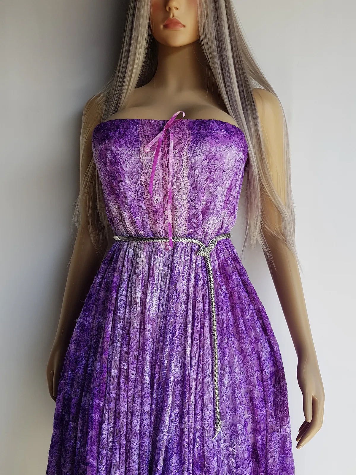 Ultra Rare 1980s Corset Style Whimsigoth Fairy Dress / Skirt in Purple Burnout Lace - Handmade & Hand Dyed - Gradient Purples Light to Dark - Mermaid Hemline