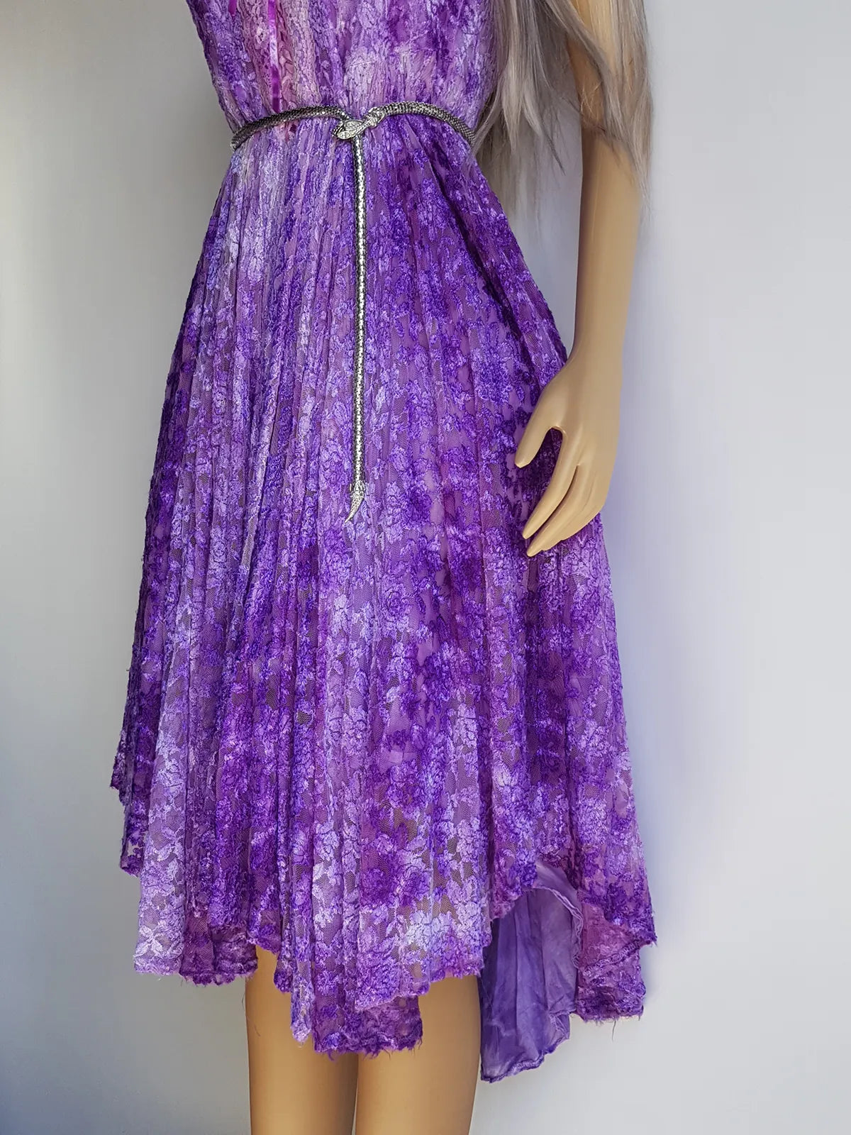 Ultra Rare 1980s Corset Style Whimsigoth Fairy Dress / Skirt in Purple Burnout Lace - Handmade & Hand Dyed - Gradient Purples Light to Dark - Mermaid Hemline