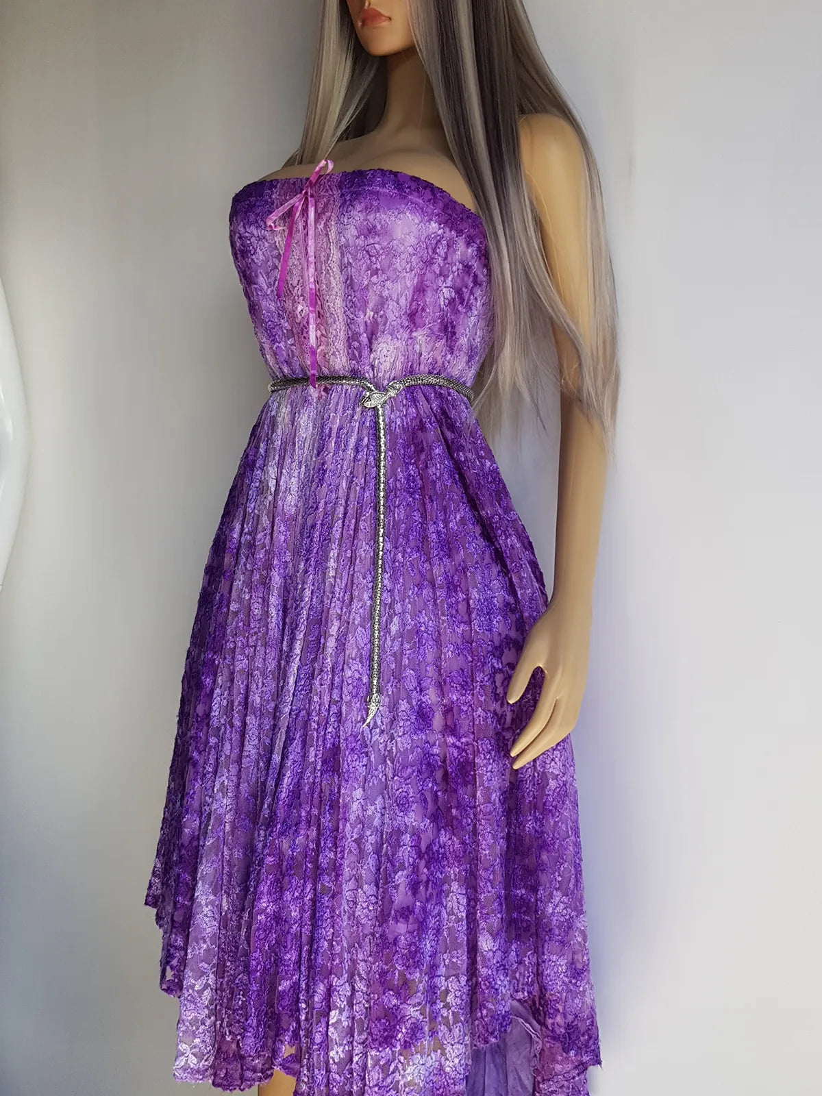 Ultra Rare 1980s Corset Style Whimsigoth Fairy Dress / Skirt in Purple Burnout Lace - Handmade & Hand Dyed - Gradient Purples Light to Dark - Mermaid Hemline