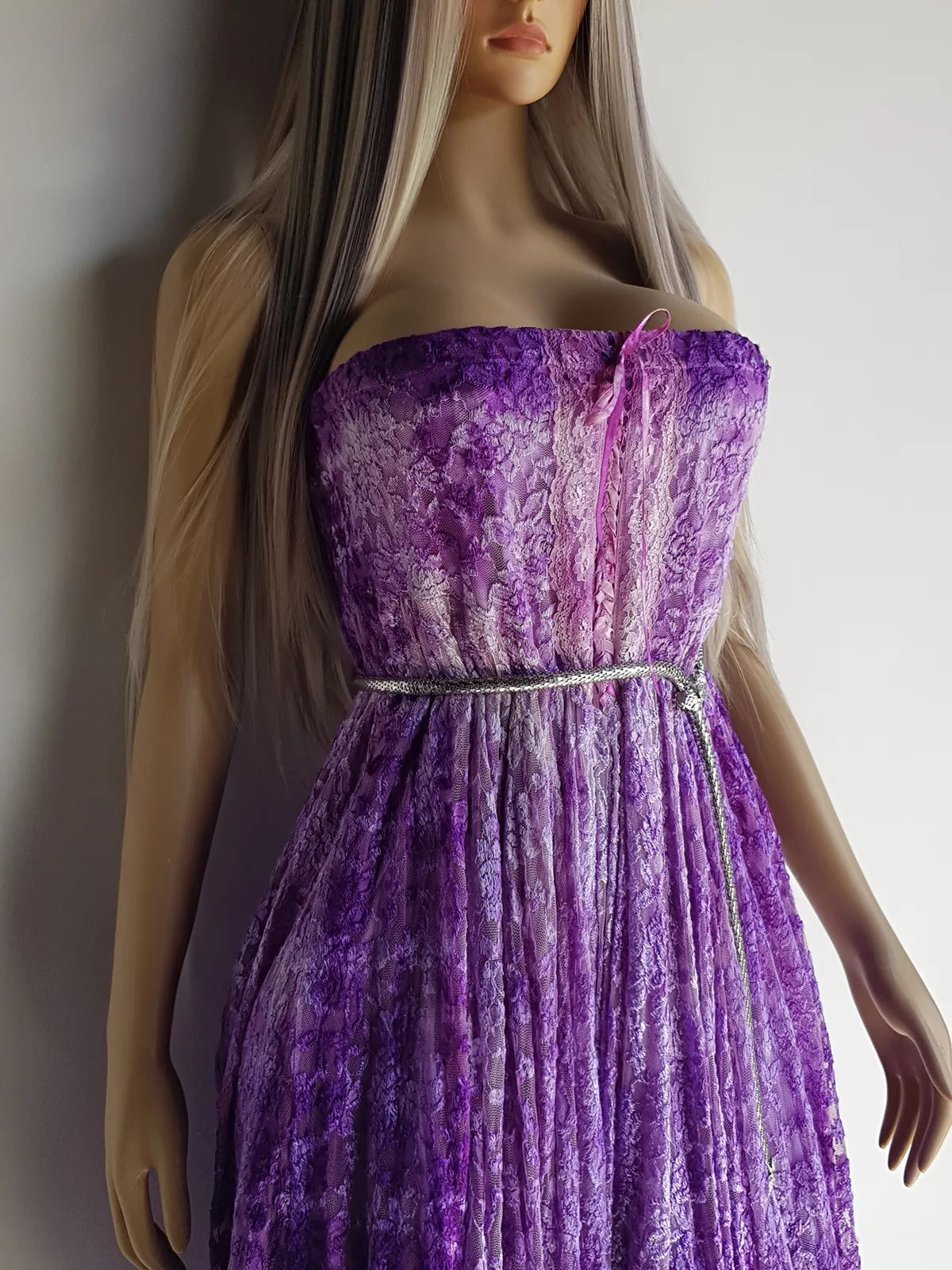 Ultra Rare 1980s Corset Style Whimsigoth Fairy Dress / Skirt in Purple Burnout Lace - Handmade & Hand Dyed - Gradient Purples Light to Dark - Mermaid Hemline