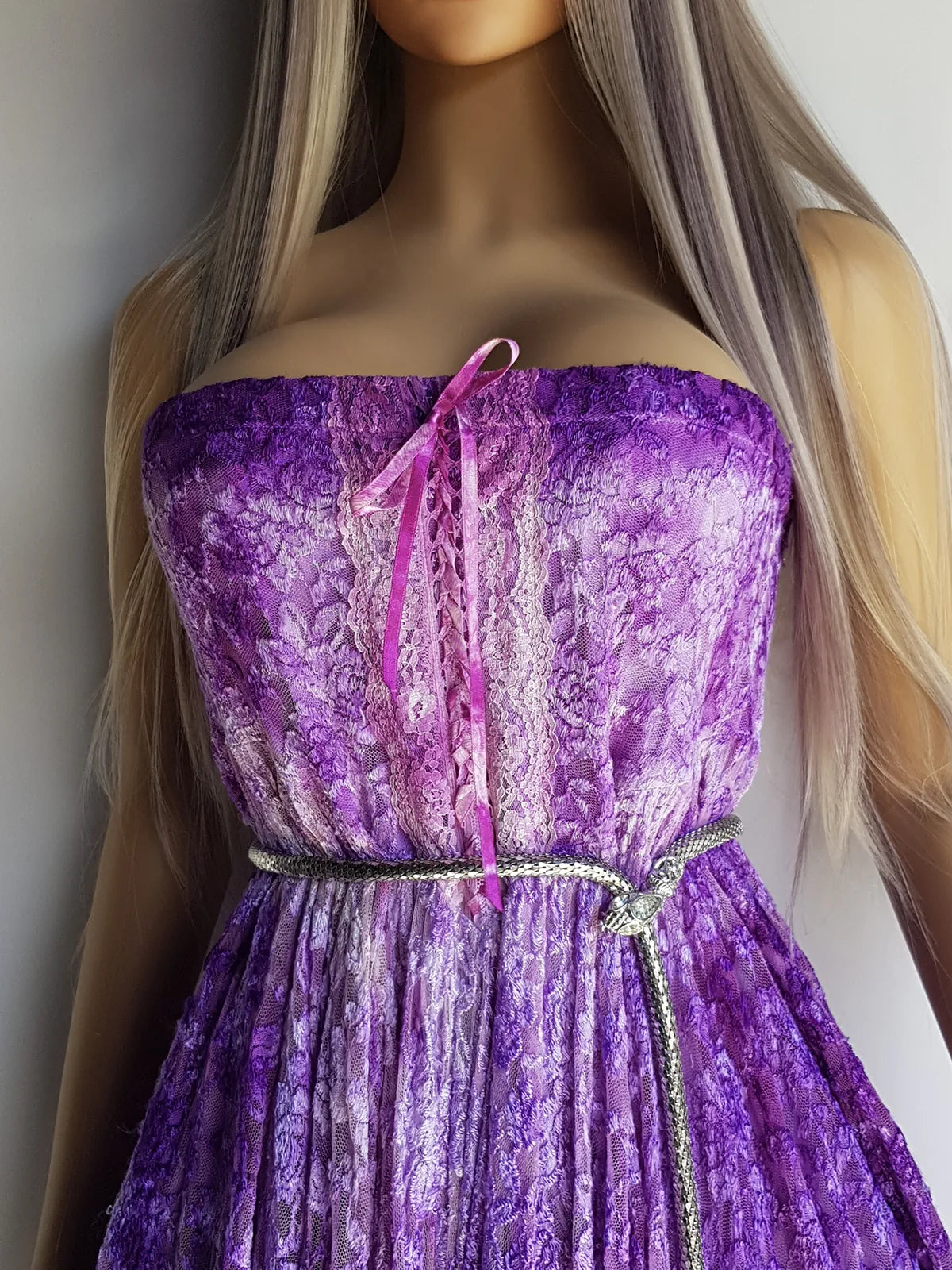 Ultra Rare 1980s Corset Style Whimsigoth Fairy Dress / Skirt in Purple Burnout Lace - Handmade & Hand Dyed - Gradient Purples Light to Dark - Mermaid Hemline