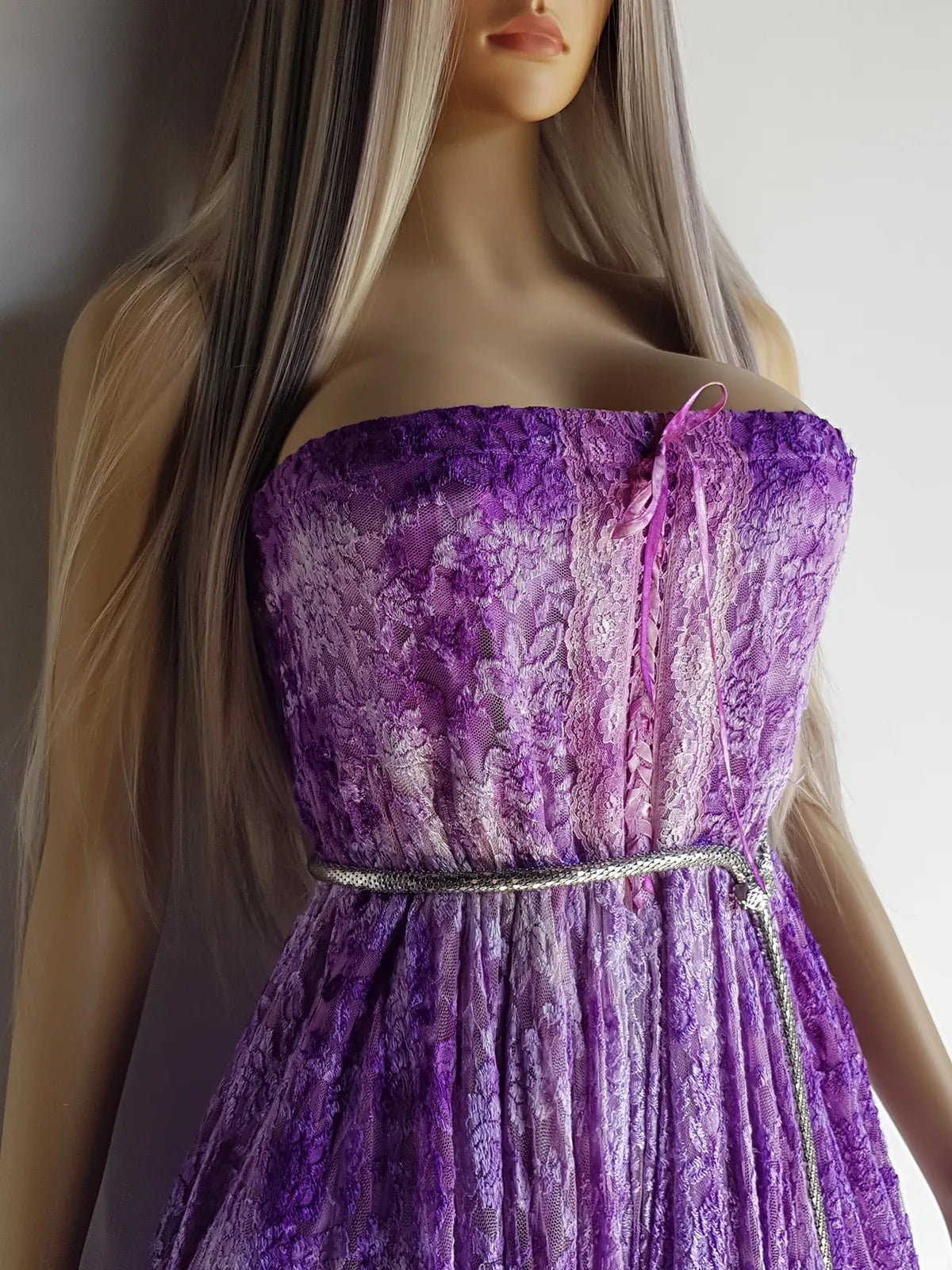 Ultra Rare 1980s Corset Style Whimsigoth Fairy Dress / Skirt in Purple Burnout Lace - Handmade & Hand Dyed - Gradient Purples Light to Dark - Mermaid Hemline