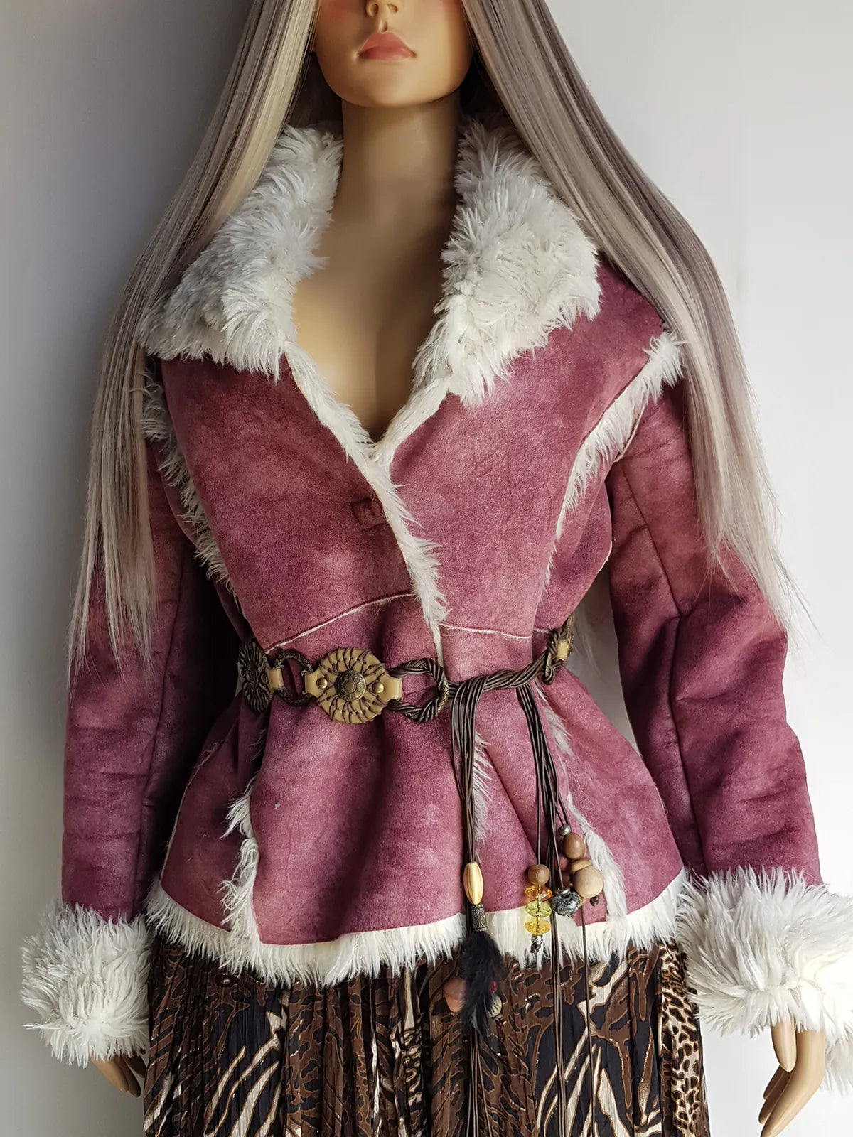 2000s Blush Pink & White Shearling Bohemian Rock Chick Jacket - Vegan - Young Britney Spears Vibes