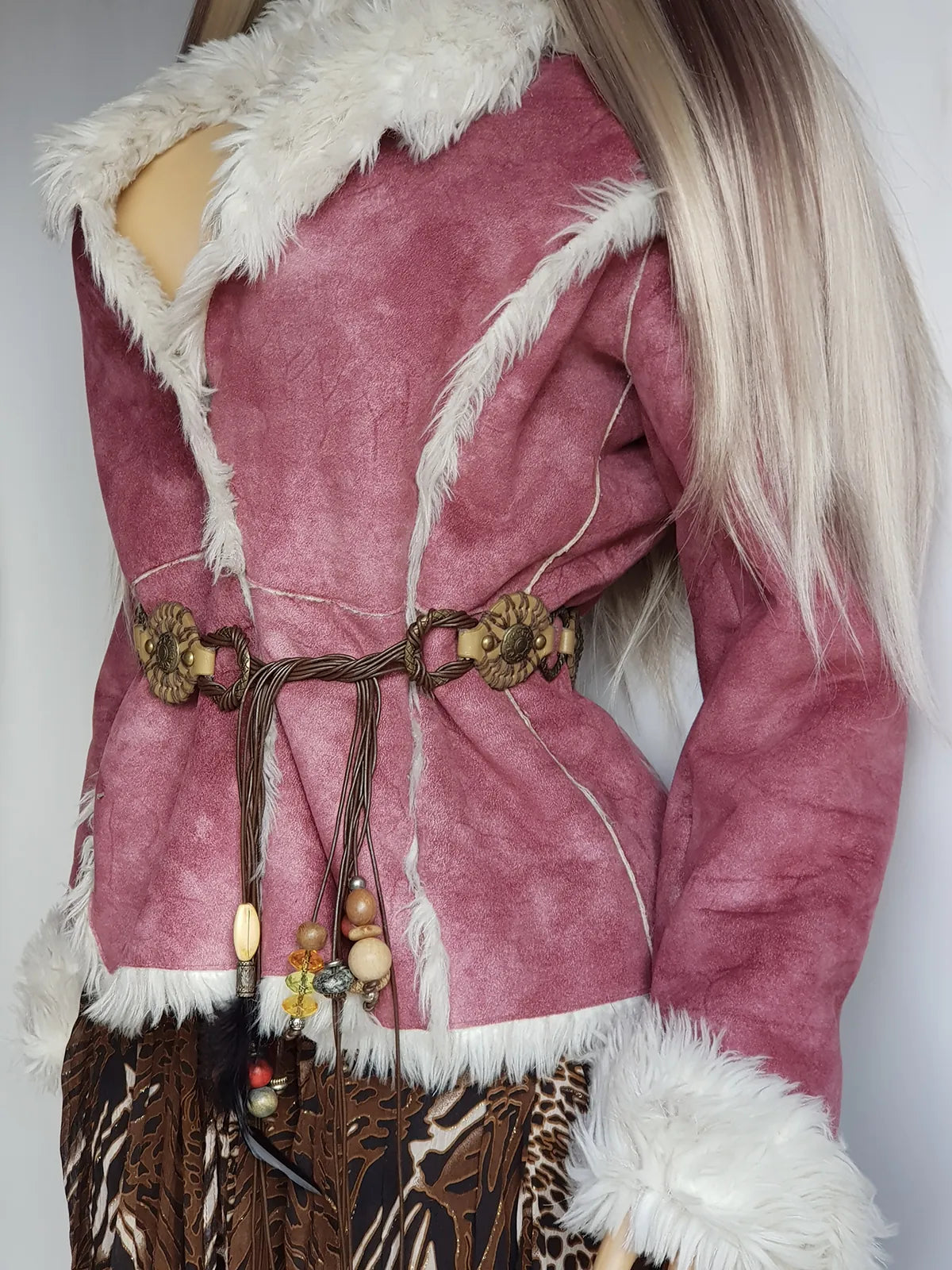 2000s Blush Pink & White Shearling Bohemian Rock Chick Jacket - Vegan - Young Britney Spears Vibes