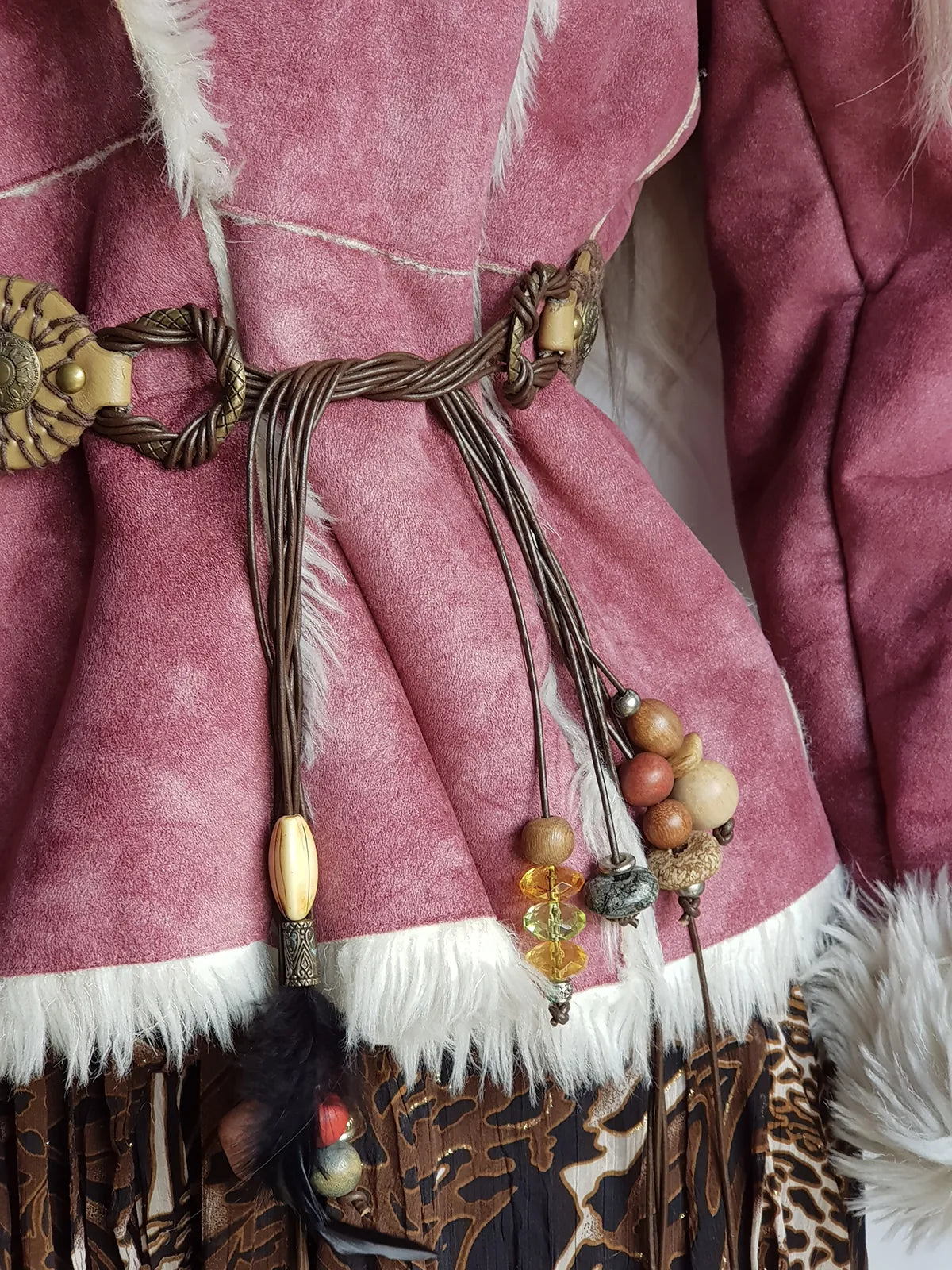 1970s Authentic Vintage Bohemian Tie Choker / Necklace / Belt - Handmade & Only 1 ever made -  100% Genuine Leather with Feathers & Stones - Metal & Wooden Carved Beads  - Ultra Heavy - Gorgeous Greens Ambers and Browns