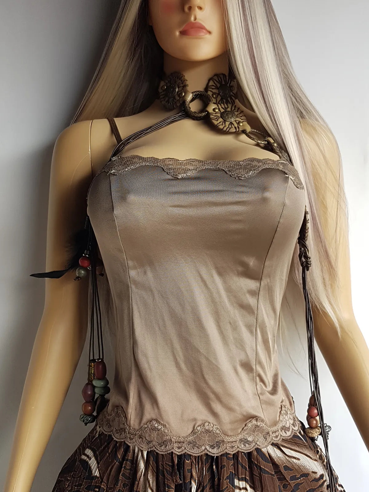 Vintage Lace Lingerie Top - Hand Dyed in Soft Brown - Perfect Bohemian Layering Piece - Thin strips