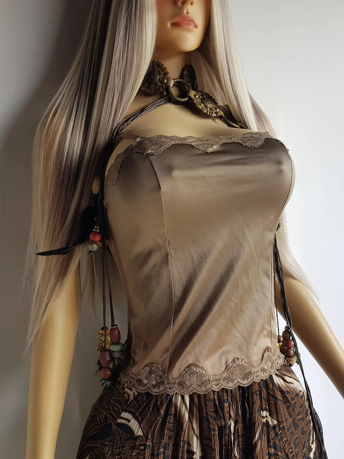 Vintage Lace Lingerie Top - Hand Dyed in Soft Brown - Perfect Bohemian Layering Piece - Thin strips