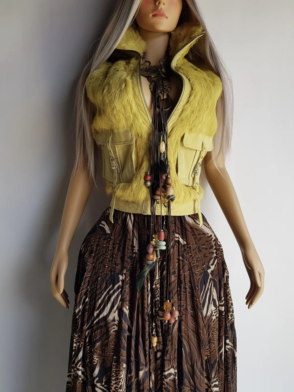 1990s Italian Vintage Light Chartreuse Fur & Suede Vest - fully lined - metal zip - suede feature pockets with tassel buckles