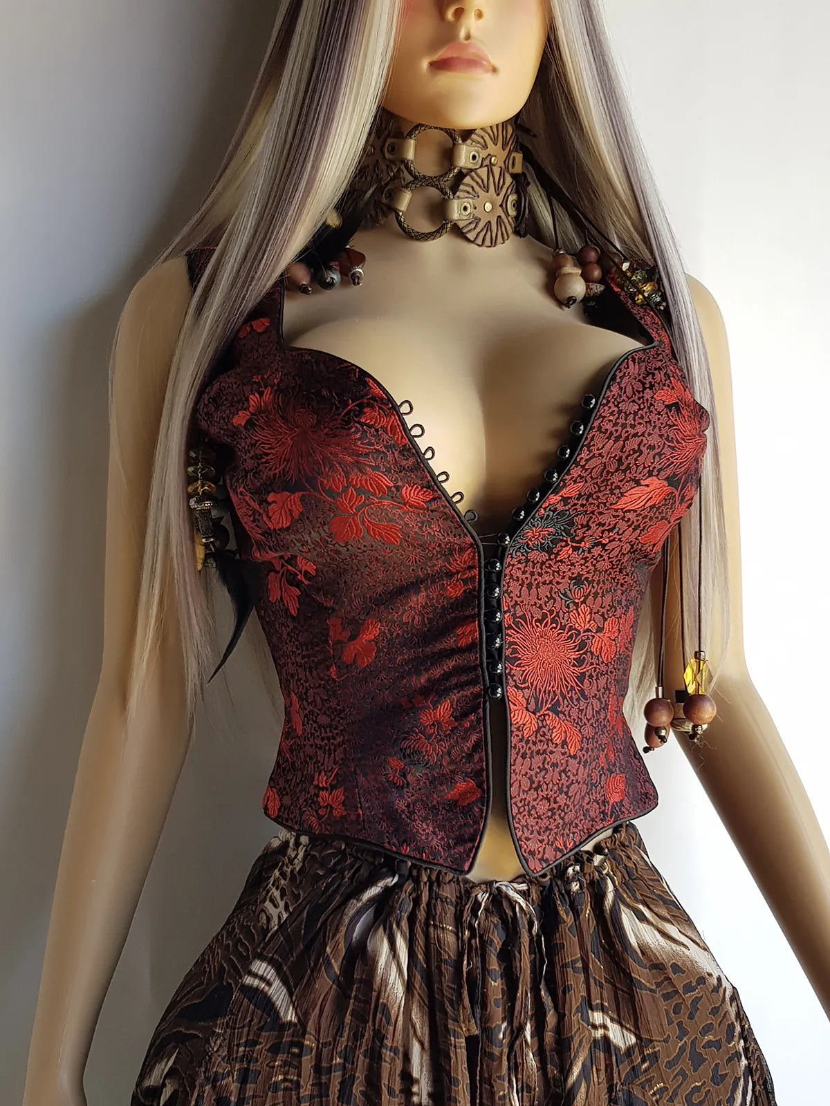 90s Brocade Corset top in Black with Vibrant Red - Impeccable Tailoring with Satin Edging & Buttons up the front - Incredibly Sexy Piece - Versatile & High Quality Fabric