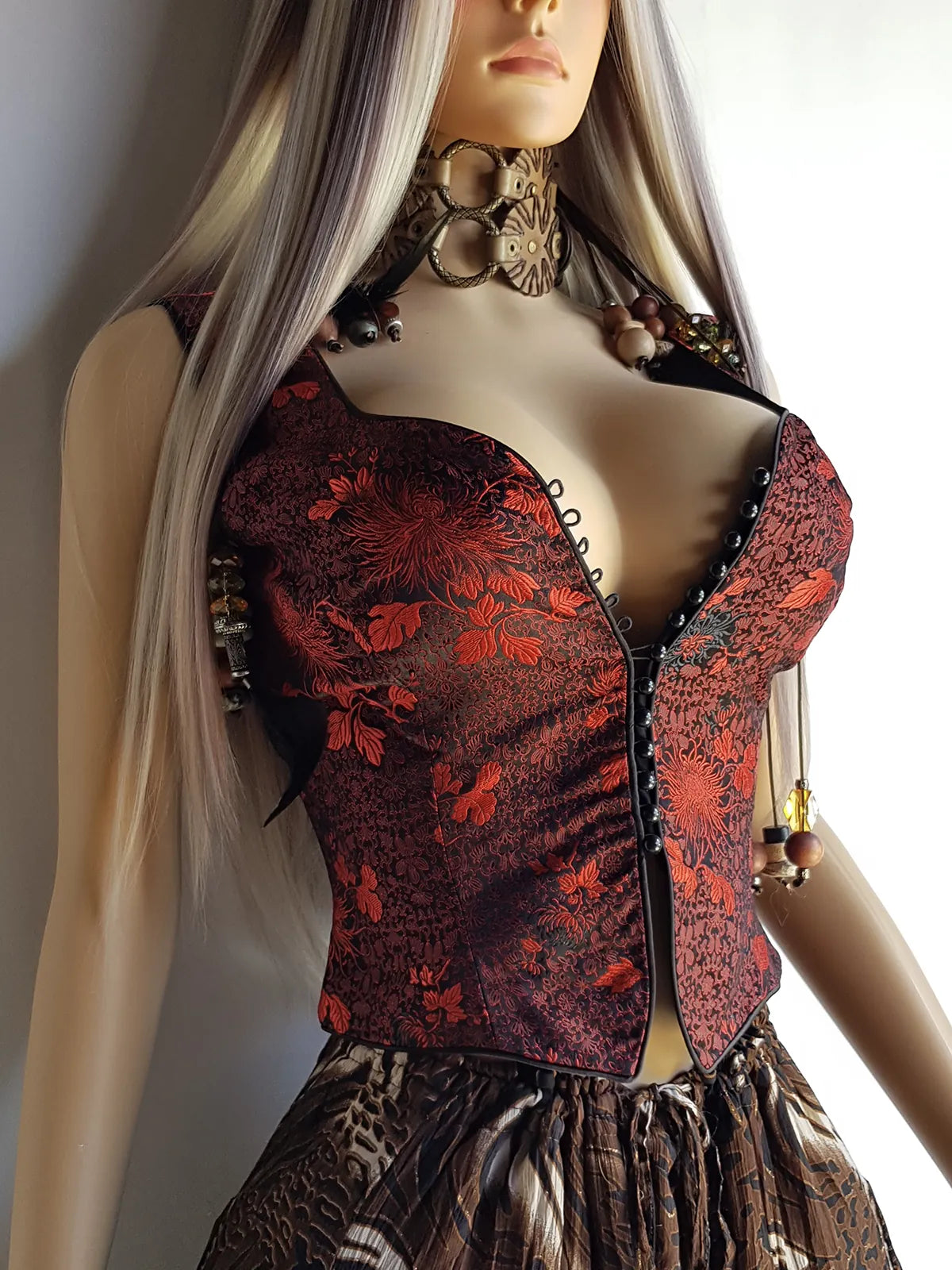 90s Brocade Corset top in Black with Vibrant Red - Impeccable Tailoring with Satin Edging & Buttons up the front - Incredibly Sexy Piece - Versatile & High Quality Fabric