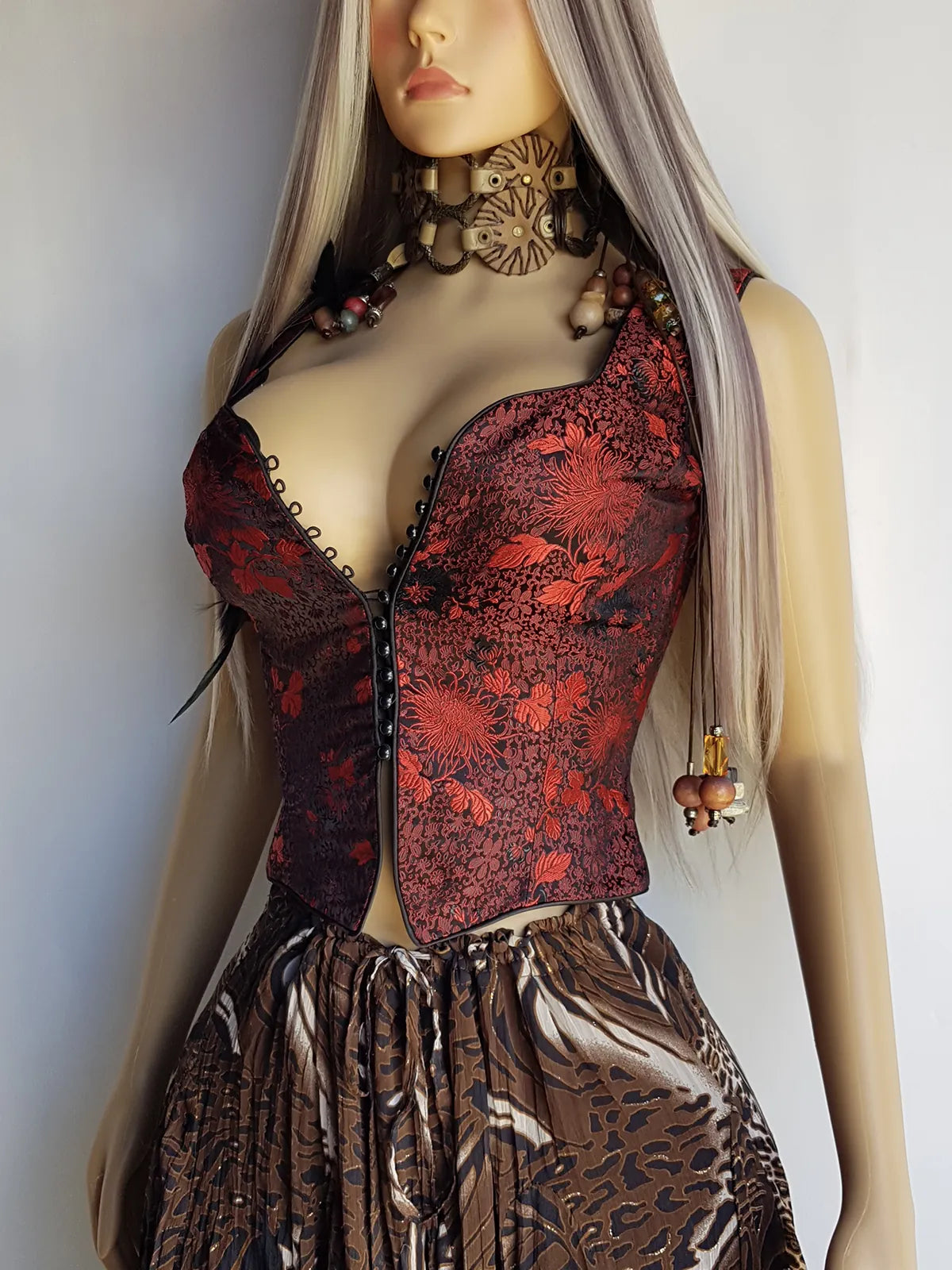 90s Brocade Corset top in Black with Vibrant Red - Impeccable Tailoring with Satin Edging & Buttons up the front - Incredibly Sexy Piece - Versatile & High Quality Fabric