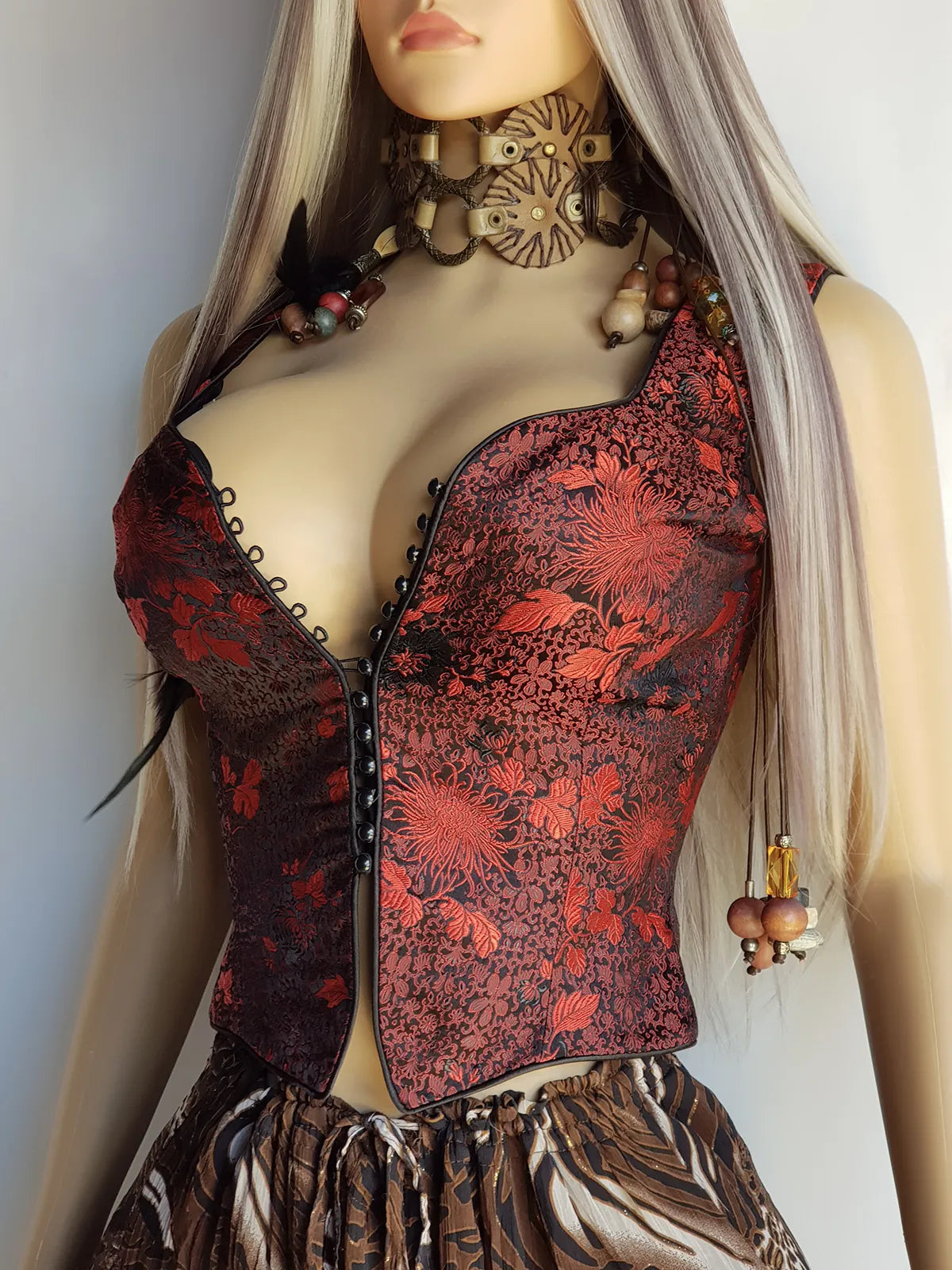 90s Brocade Corset top in Black with Vibrant Red - Impeccable Tailoring with Satin Edging & Buttons up the front - Incredibly Sexy Piece - Versatile & High Quality Fabric