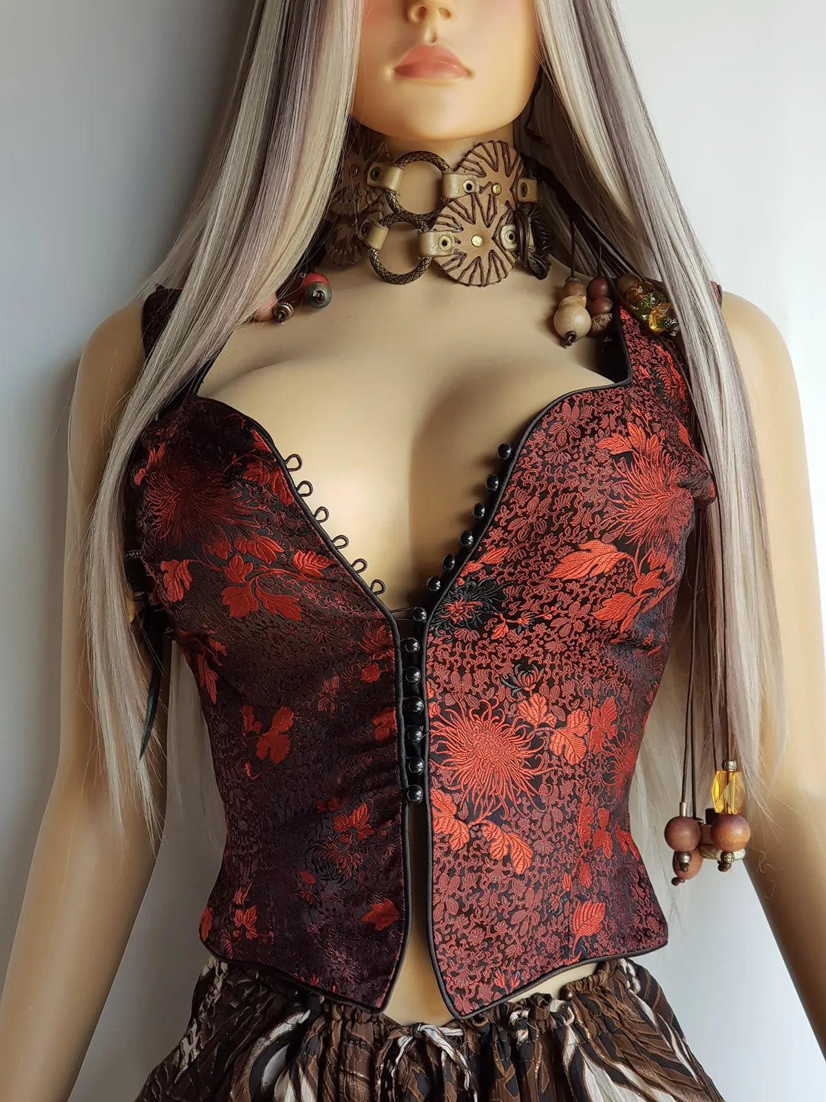 90s Brocade Corset top in Black with Vibrant Red - Impeccable Tailoring with Satin Edging & Buttons up the front - Incredibly Sexy Piece - Versatile & High Quality Fabric