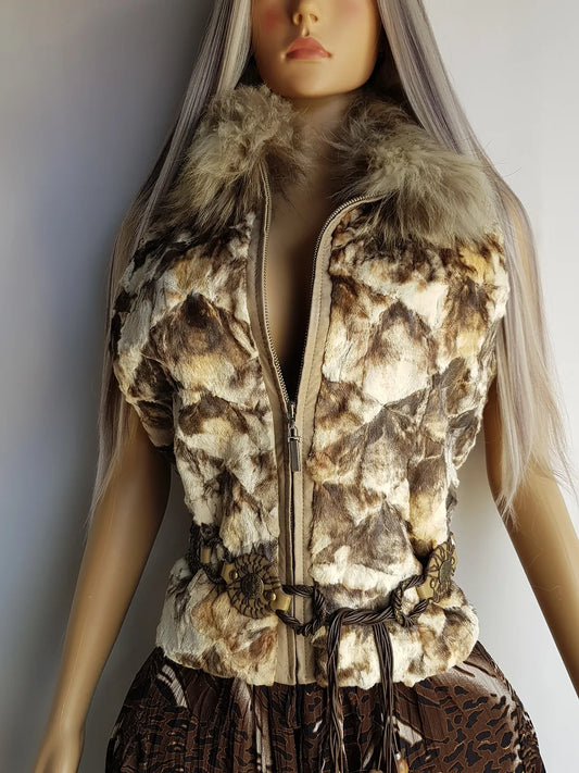 90s Vintage Brown & Cream Fur Vest with Incredible Fluffy Fox Fur Collar - Fully Lined - Chunky Heavy Zip Hardware