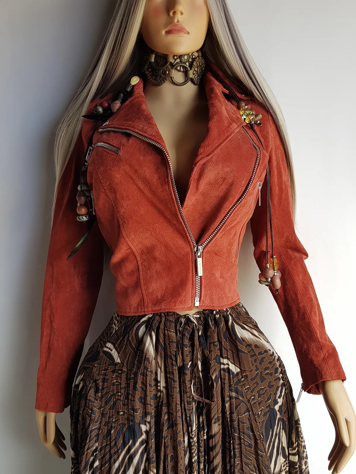 100% Genuine Suede Motorcycle Jacket in Rust Red - Silver Hardware - multiple zippers and pockets - wear multiple ways