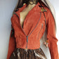 100% Genuine Suede Motorcycle Jacket in Rust Red - Silver Hardware - multiple zippers and pockets - wear multiple ways