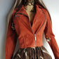 100% Genuine Suede Motorcycle Jacket in Rust Red - Silver Hardware - multiple zippers and pockets - wear multiple ways