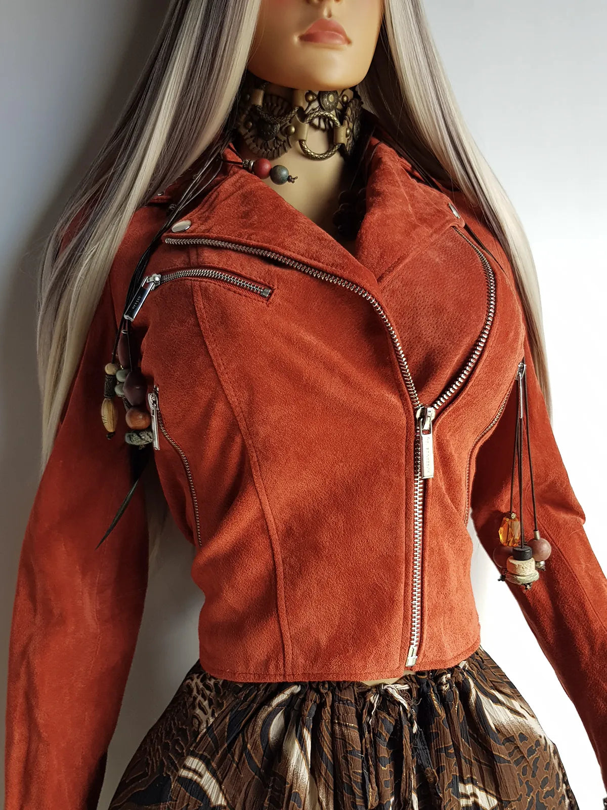 100% Genuine Suede Motorcycle Jacket in Rust Red - Silver Hardware - multiple zippers and pockets - wear multiple ways