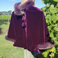 Sumptuous Rich 90s Purple Vintage Velvet Cape with real fox fur trim - Ribbon &  Pom Poms tie at the neck