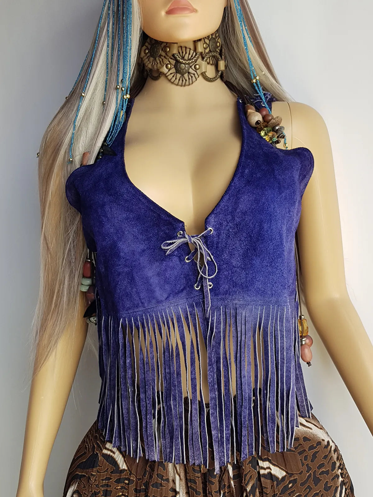 1970s Inky Blue Aged & Faded Soft Suede Tassel Vest -Buttery Soft - Ties at the Front & sides