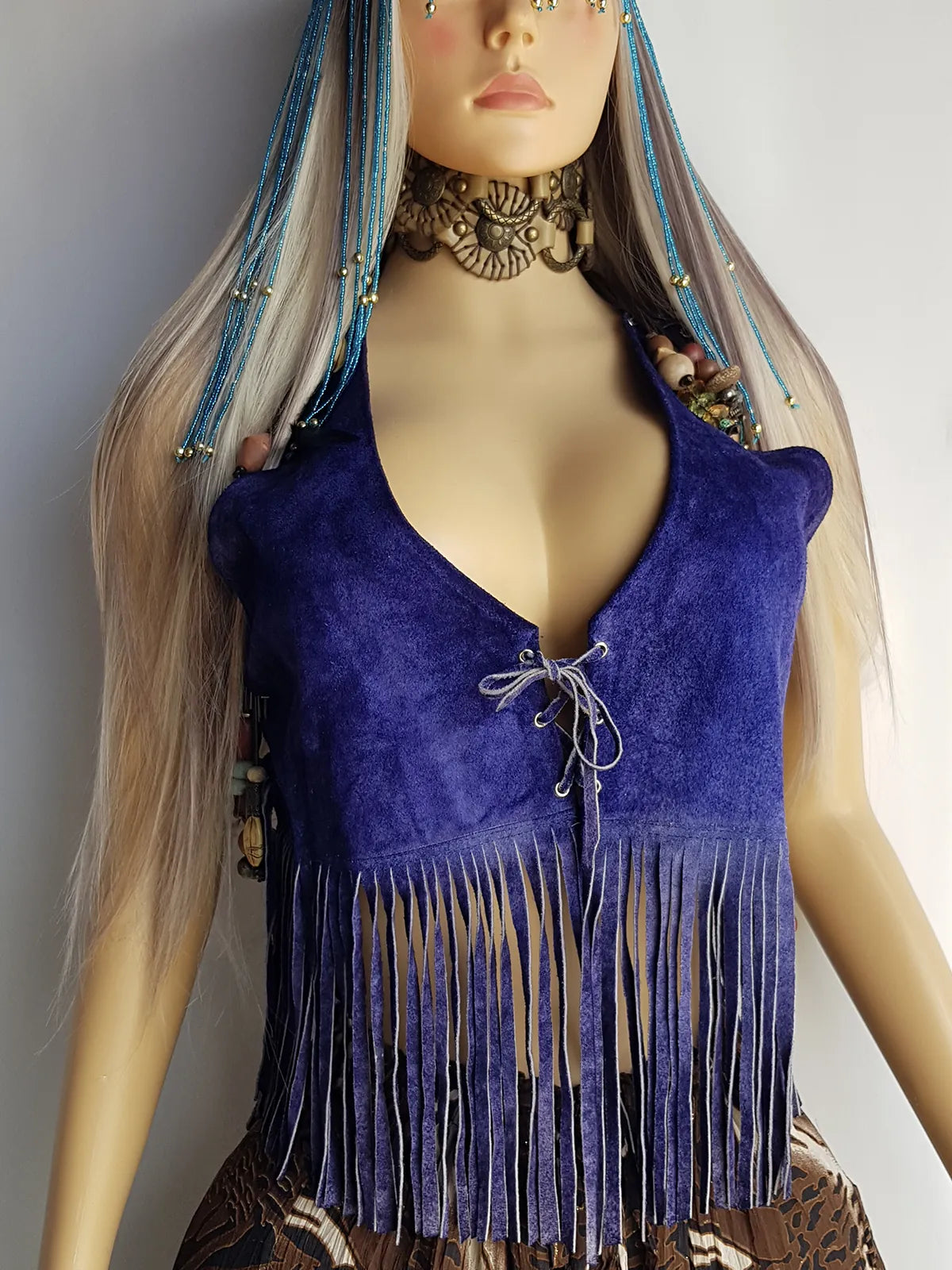 1970s Inky Blue Aged & Faded Soft Suede Tassel Vest -Buttery Soft - Ties at the Front & sides