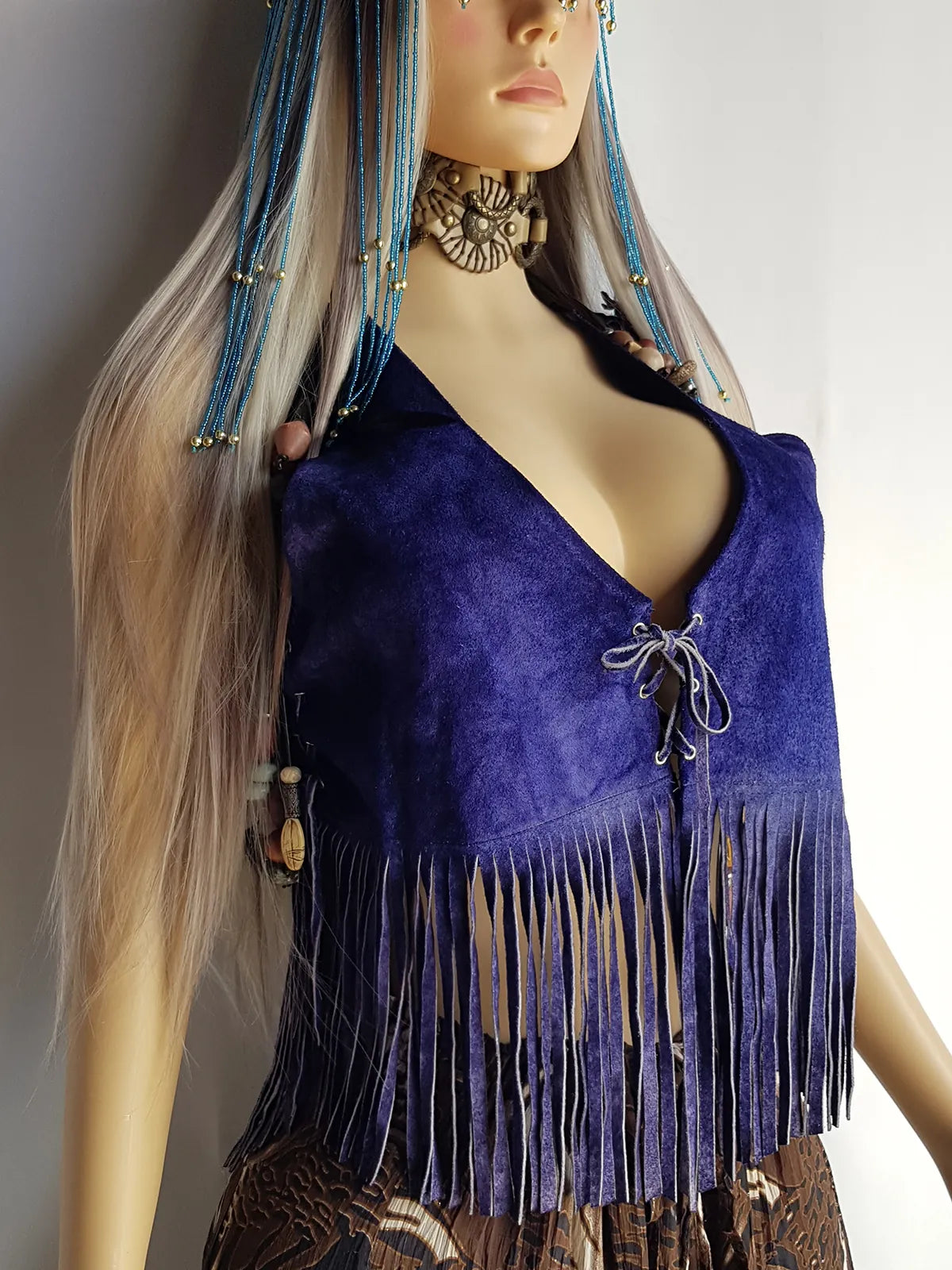 1970s Inky Blue Aged & Faded Soft Suede Tassel Vest -Buttery Soft - Ties at the Front & sides