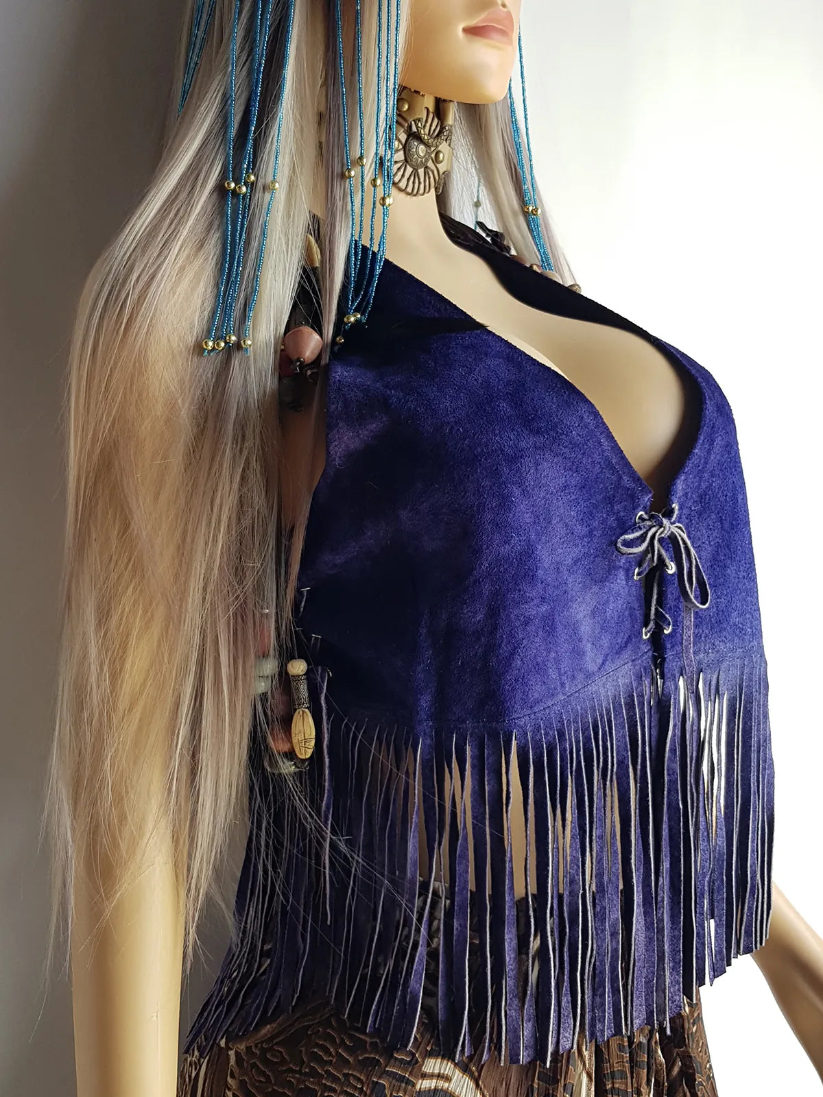 1970s Inky Blue Aged & Faded Soft Suede Tassel Vest -Buttery Soft - Ties at the Front & sides