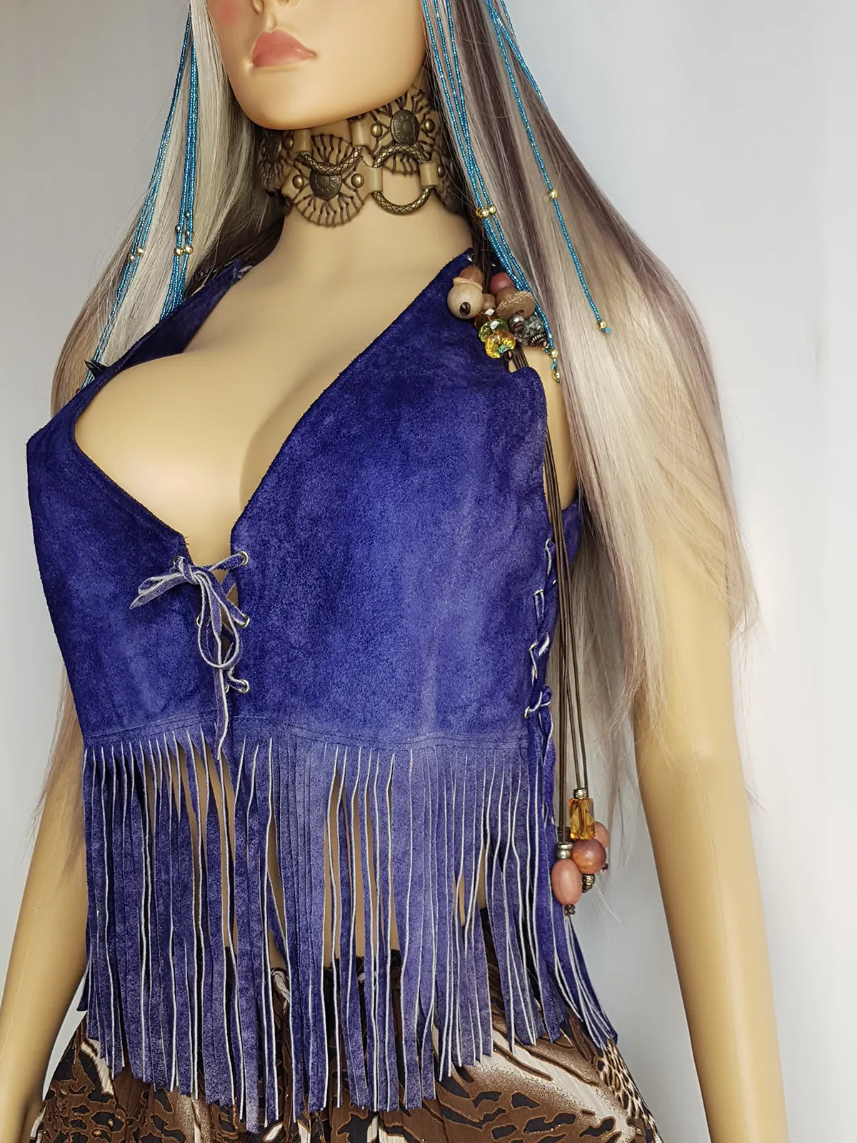 1970s Inky Blue Aged & Faded Soft Suede Tassel Vest -Buttery Soft - Ties at the Front & sides