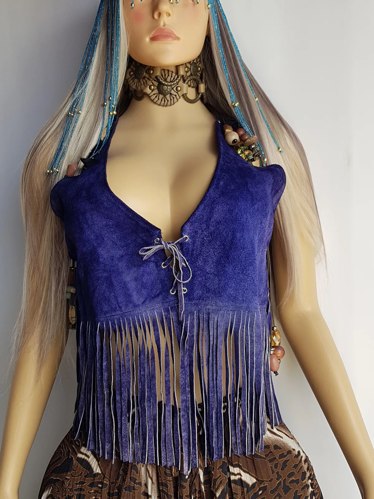 1970s Inky Blue Aged & Faded Soft Suede Tassel Vest -Buttery Soft - Ties at the Front & sides