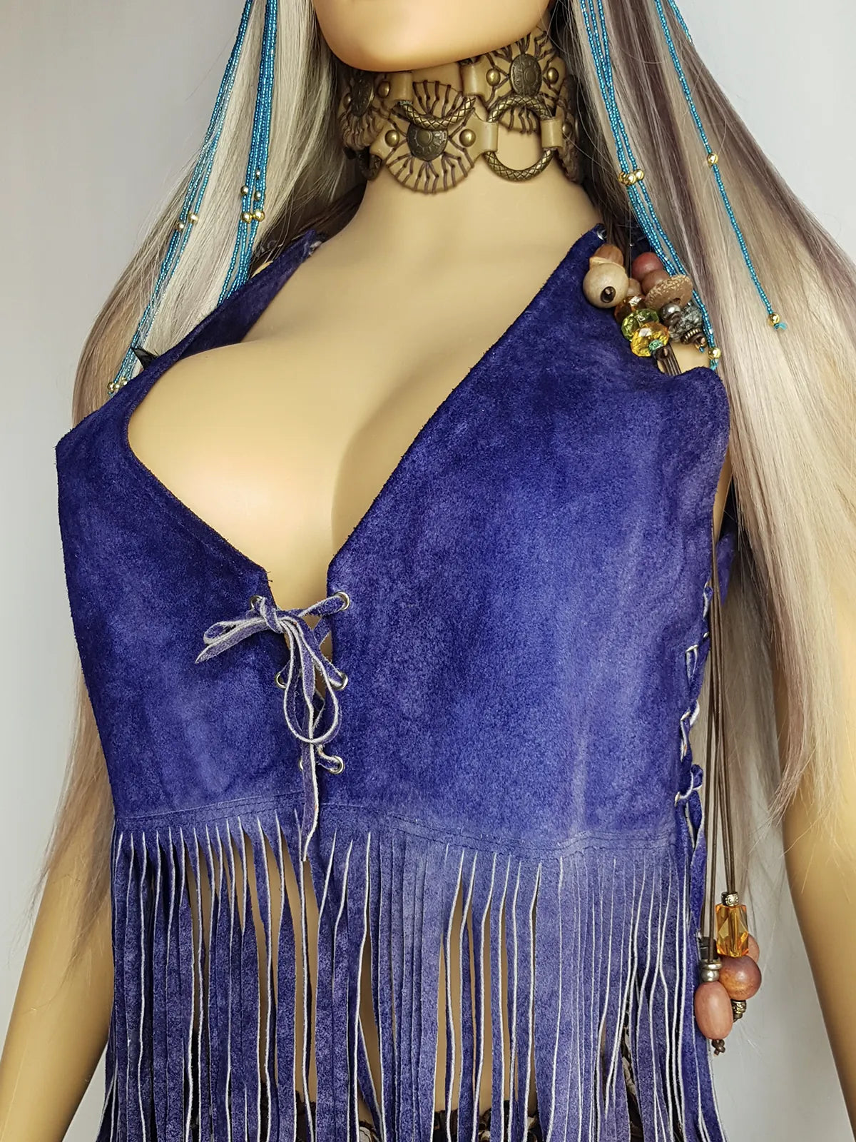 1970s Inky Blue Aged & Faded Soft Suede Tassel Vest -Buttery Soft - Ties at the Front & sides