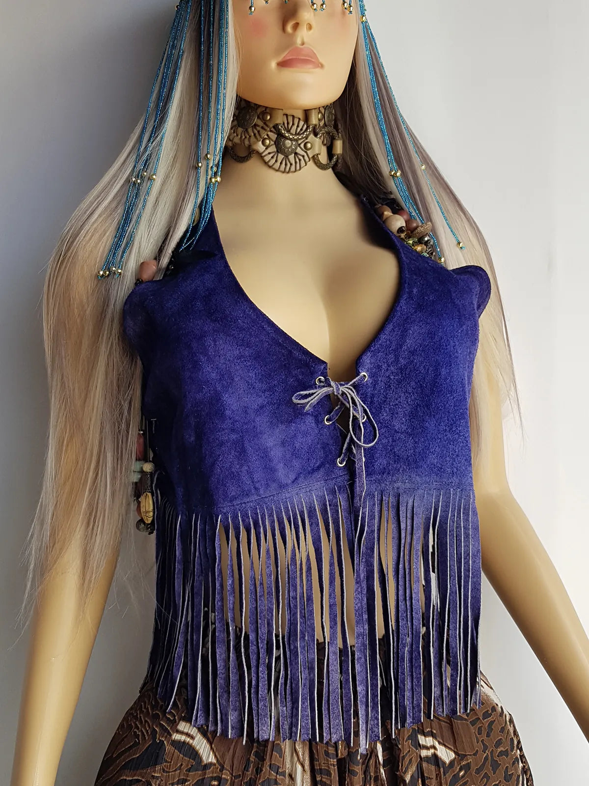 1970s Inky Blue Aged & Faded Soft Suede Tassel Vest -Buttery Soft - Ties at the Front & sides