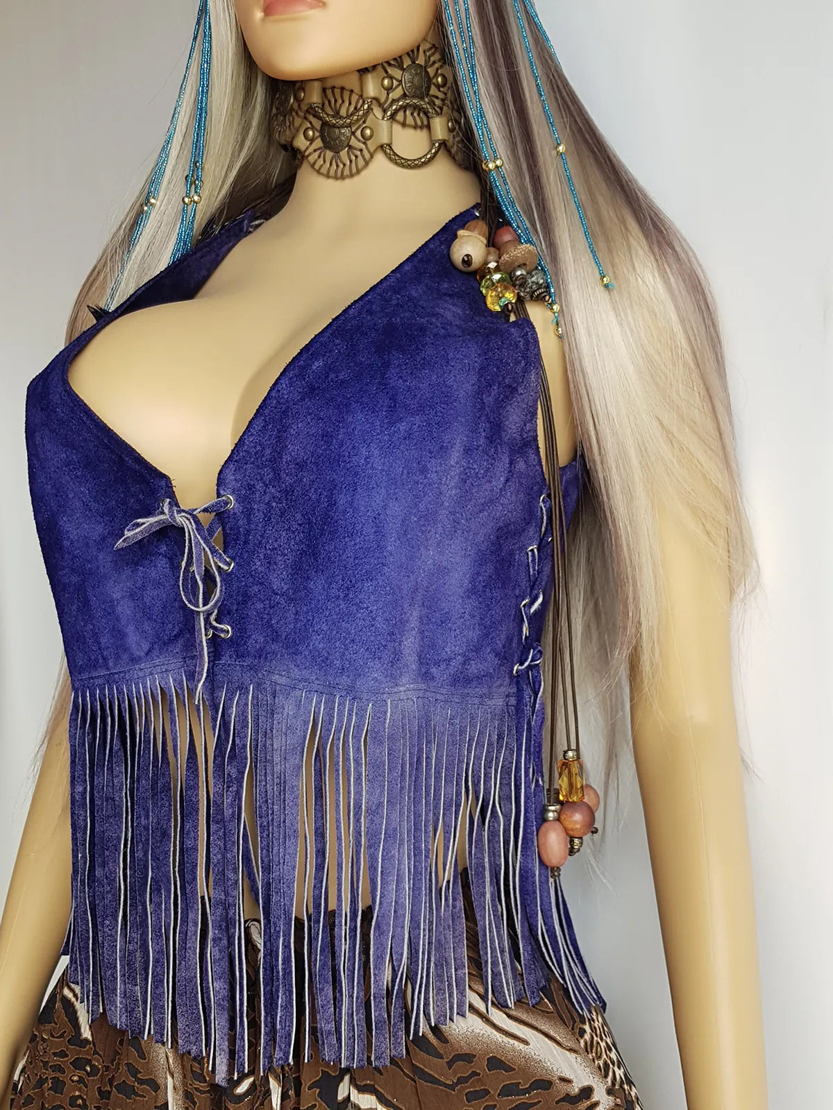 1970s Inky Blue Aged & Faded Soft Suede Tassel Vest -Buttery Soft - Ties at the Front & sides