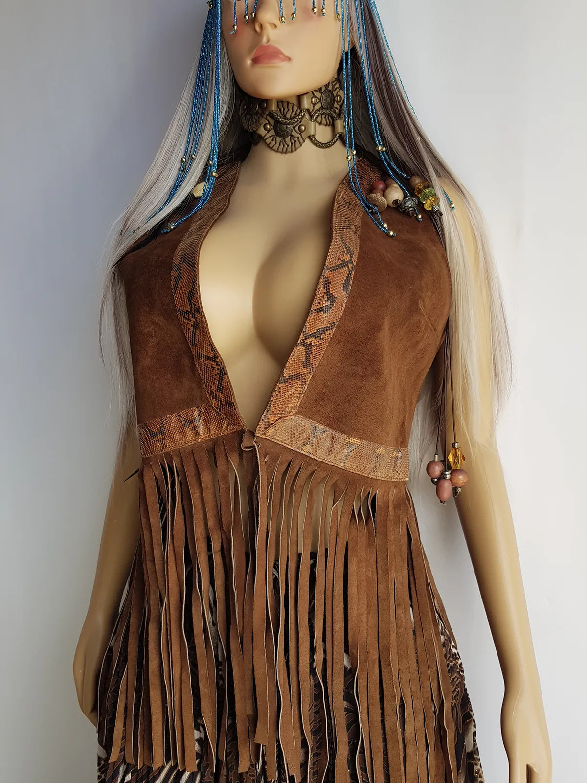 1970s Rich Tobacco Brown Soft Suede & Genuine Snakeskin Tassel Vest - Iconic Snakeskin Feature Borders