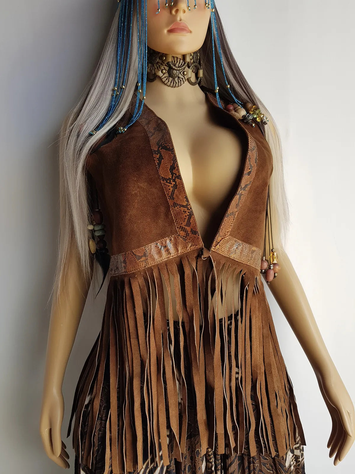 1970s Rich Tobacco Brown Soft Suede & Genuine Snakeskin Tassel Vest - Iconic Snakeskin Feature Borders