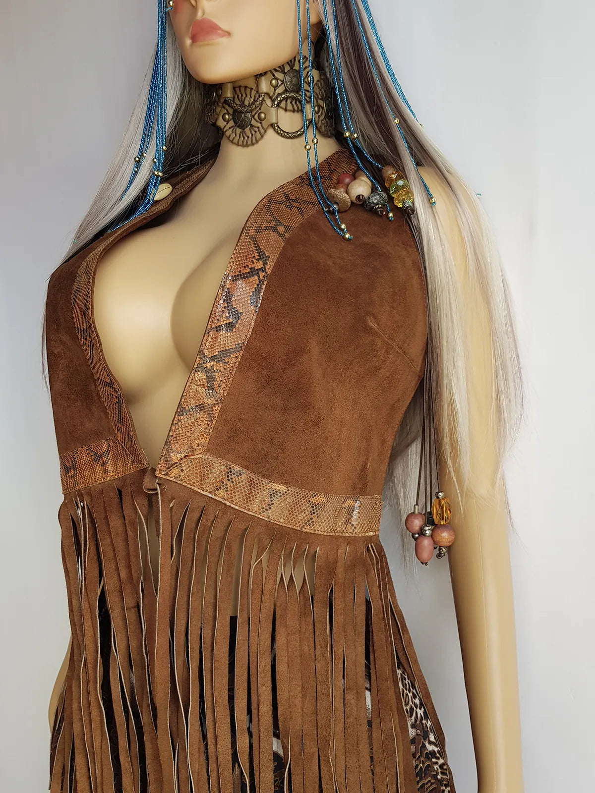 1970s Rich Tobacco Brown Soft Suede & Genuine Snakeskin Tassel Vest - Iconic Snakeskin Feature Borders