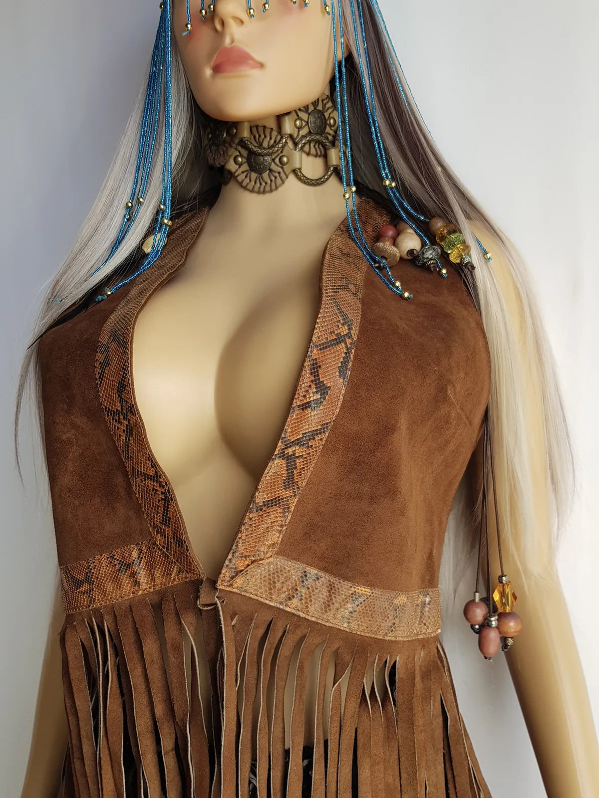 1970s Rich Tobacco Brown Soft Suede & Genuine Snakeskin Tassel Vest - Iconic Snakeskin Feature Borders