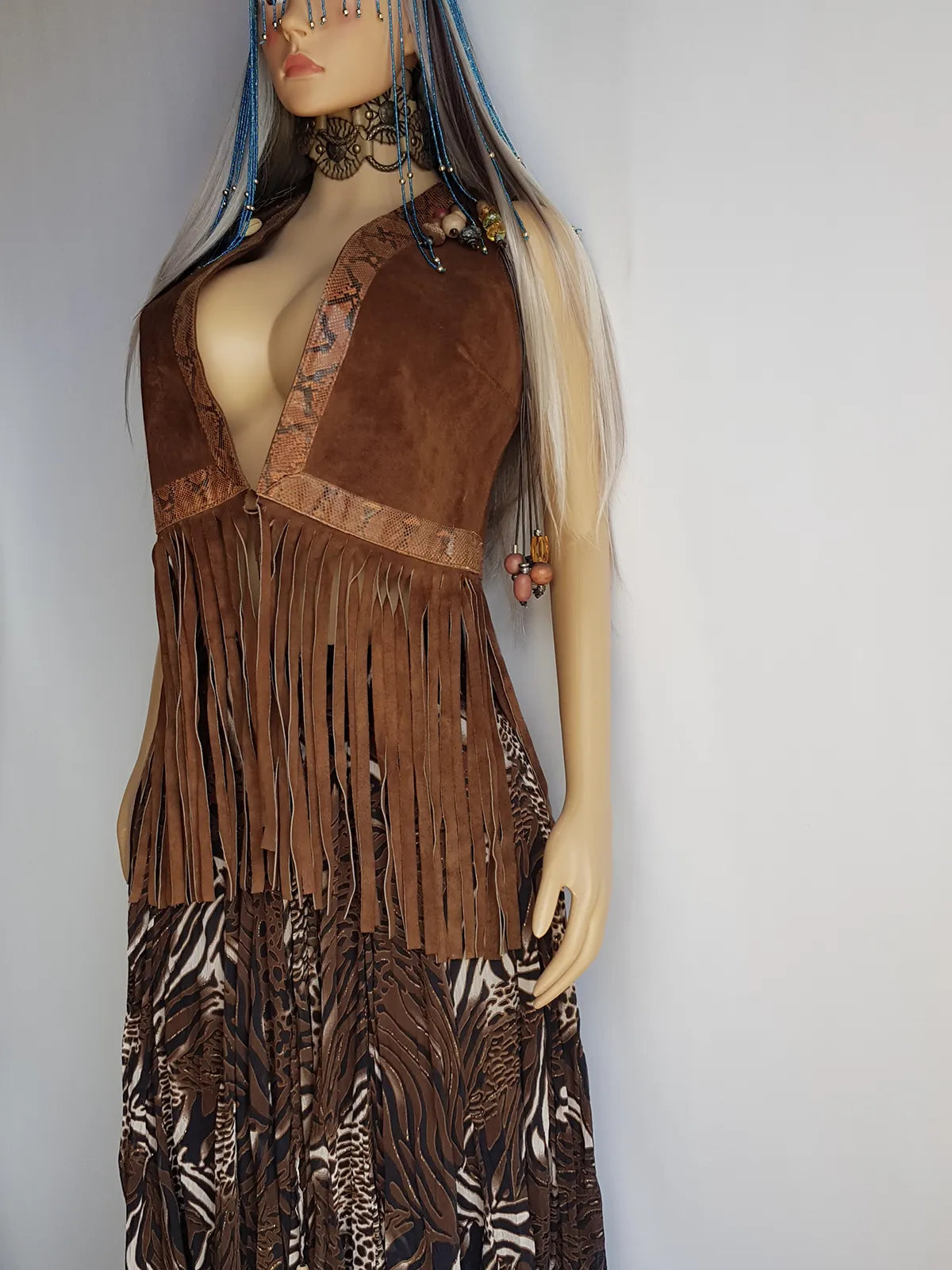 1970s Rich Tobacco Brown Soft Suede & Genuine Snakeskin Tassel Vest - Iconic Snakeskin Feature Borders