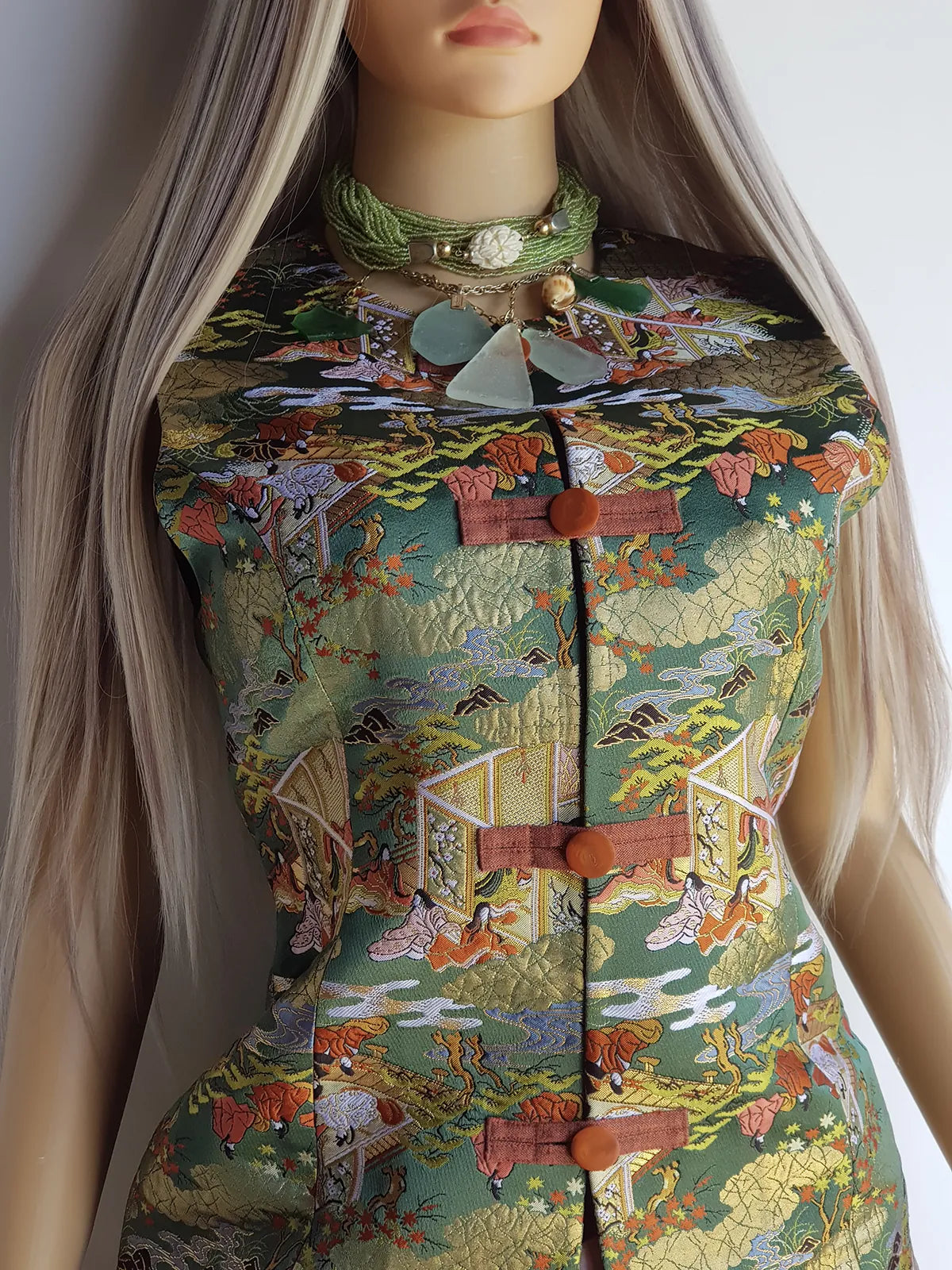 1950s Vintage Darling Sculptural Asian Scene Vest - Brocade with Metallic Threads - Green Tones - Intricate and Detailed