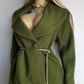 1950s Vintage Wool Hourglass Coat in Incredible Olive Green & Ornate Lapel Brooch - Knee Length - Immaculate Tailoring - Emerald Green Lining