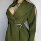 1950s Vintage Wool Hourglass Coat in Incredible Olive Green & Ornate Lapel Brooch - Knee Length - Immaculate Tailoring - Emerald Green Lining