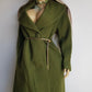 1950s Vintage Wool Hourglass Coat in Incredible Olive Green & Ornate Lapel Brooch - Knee Length - Immaculate Tailoring - Emerald Green Lining