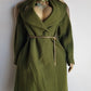 1950s Vintage Wool Hourglass Coat in Incredible Olive Green & Ornate Lapel Brooch - Knee Length - Immaculate Tailoring - Emerald Green Lining