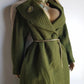 1950s Vintage Wool Hourglass Coat in Incredible Olive Green & Ornate Lapel Brooch - Knee Length - Immaculate Tailoring - Emerald Green Lining