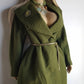 1950s Vintage Wool Hourglass Coat in Incredible Olive Green & Ornate Lapel Brooch - Knee Length - Immaculate Tailoring - Emerald Green Lining