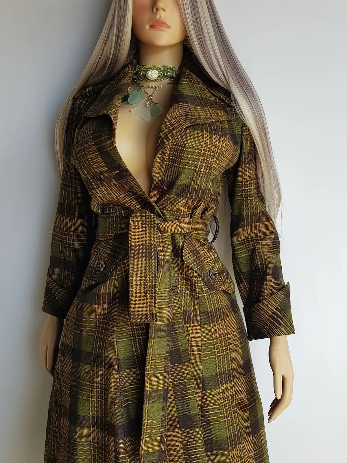 1970s Couture Tailoring Plaid Wool Coat - Absolute Perfection - Very Vivienne Westwood Style- Olive Green Mustard Tones - Stiff Collar & Beautifully Cut Pockets