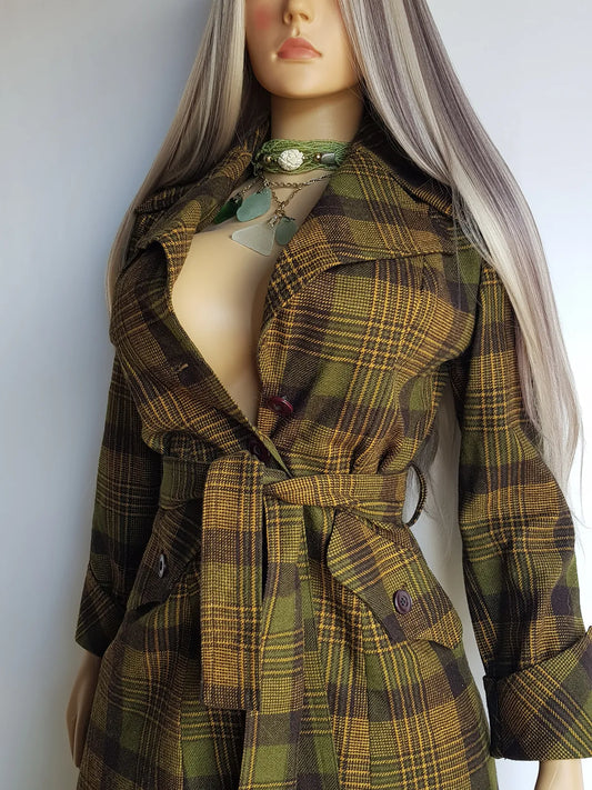 1970s Couture Tailoring Plaid Wool Coat - Absolute Perfection - Very Vivienne Westwood Style- Olive Green Mustard Tones - Stiff Collar & Beautifully Cut Pockets