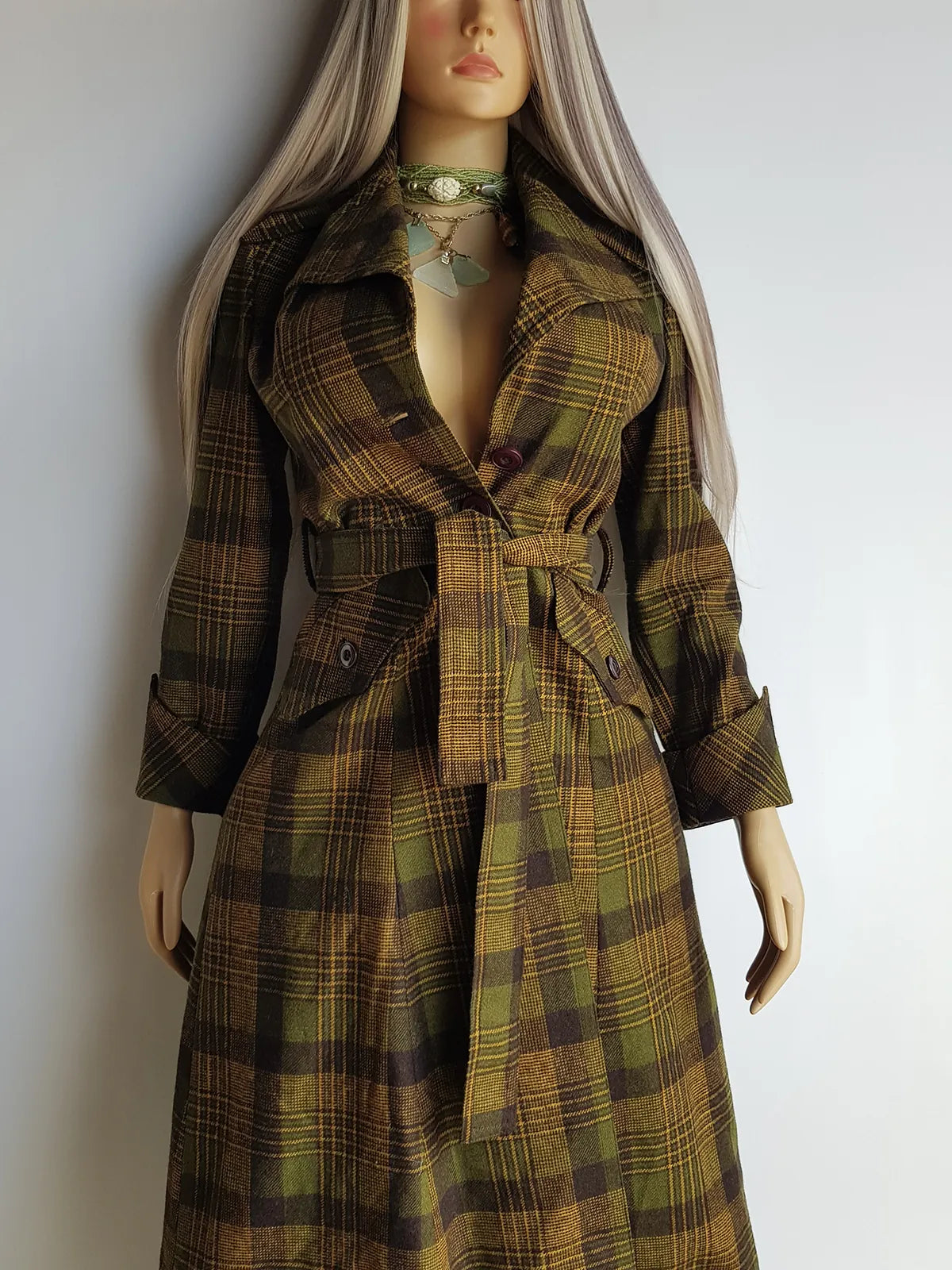 1970s Couture Tailoring Plaid Wool Coat - Absolute Perfection - Very Vivienne Westwood Style- Olive Green Mustard Tones - Stiff Collar & Beautifully Cut Pockets