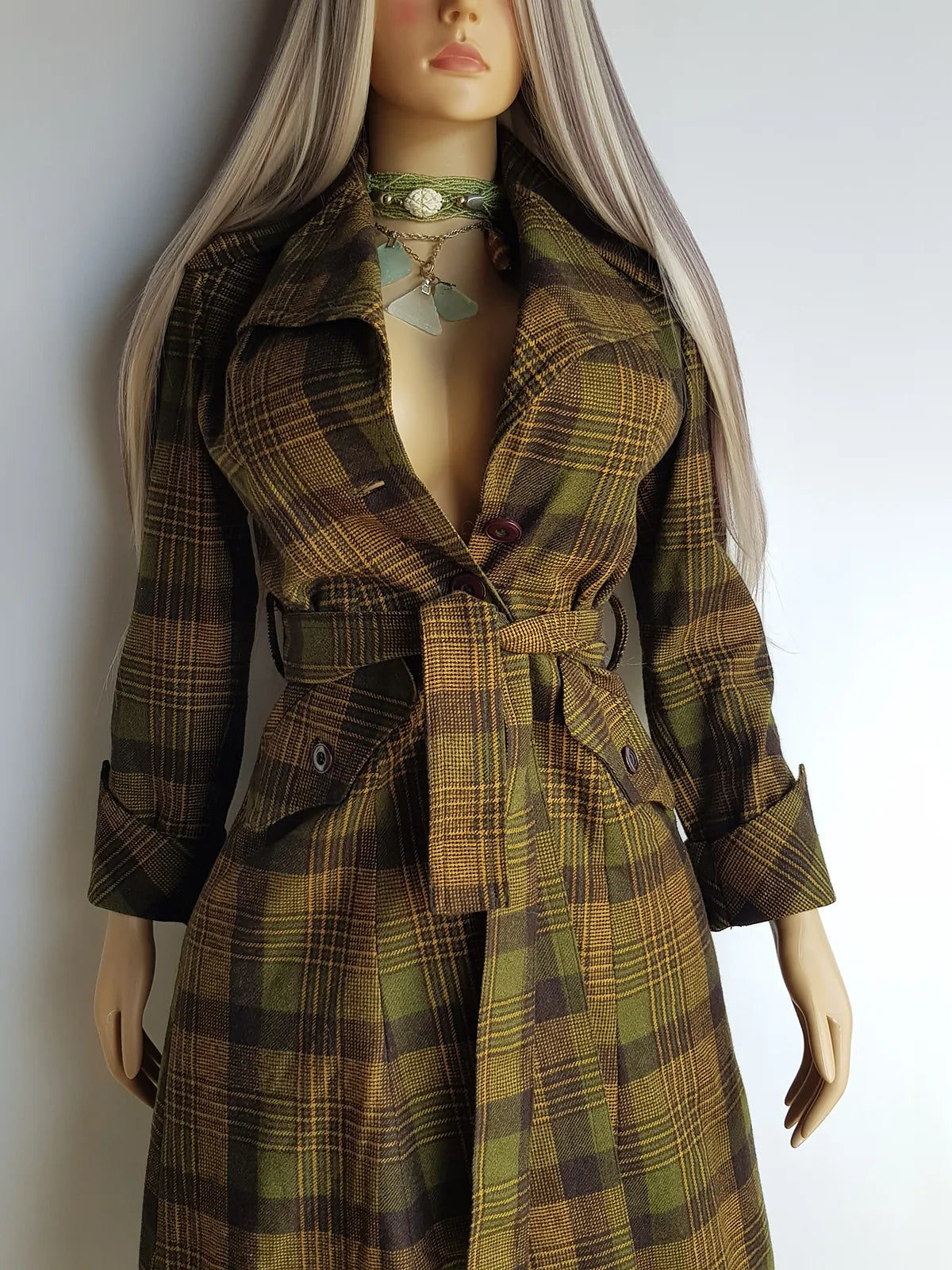 1970s Couture Tailoring Plaid Wool Coat - Absolute Perfection - Very Vivienne Westwood Style- Olive Green Mustard Tones - Stiff Collar & Beautifully Cut Pockets